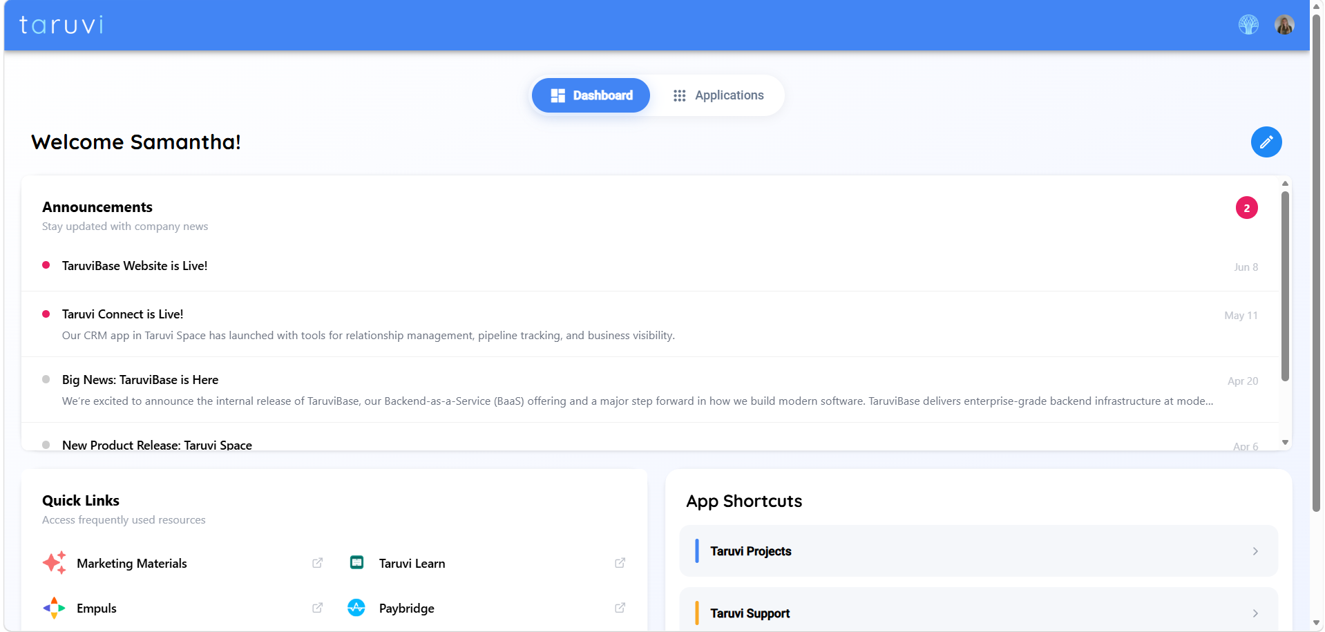 The Taruvi platform dashboard