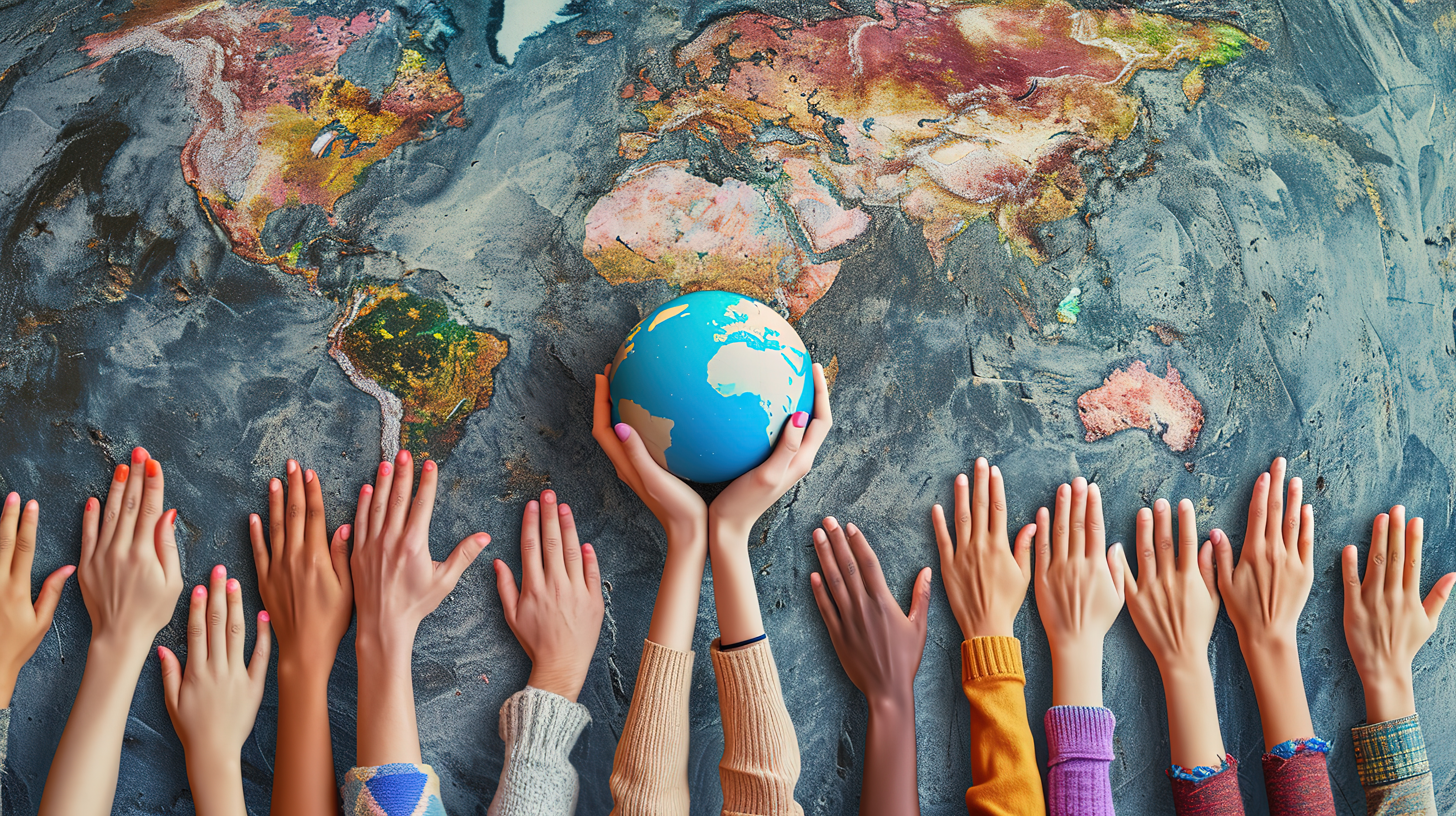 an array of multicultural hands reaching towards a small globe centered on a large world map, symbolizing unity, global diversity, and cooperation.