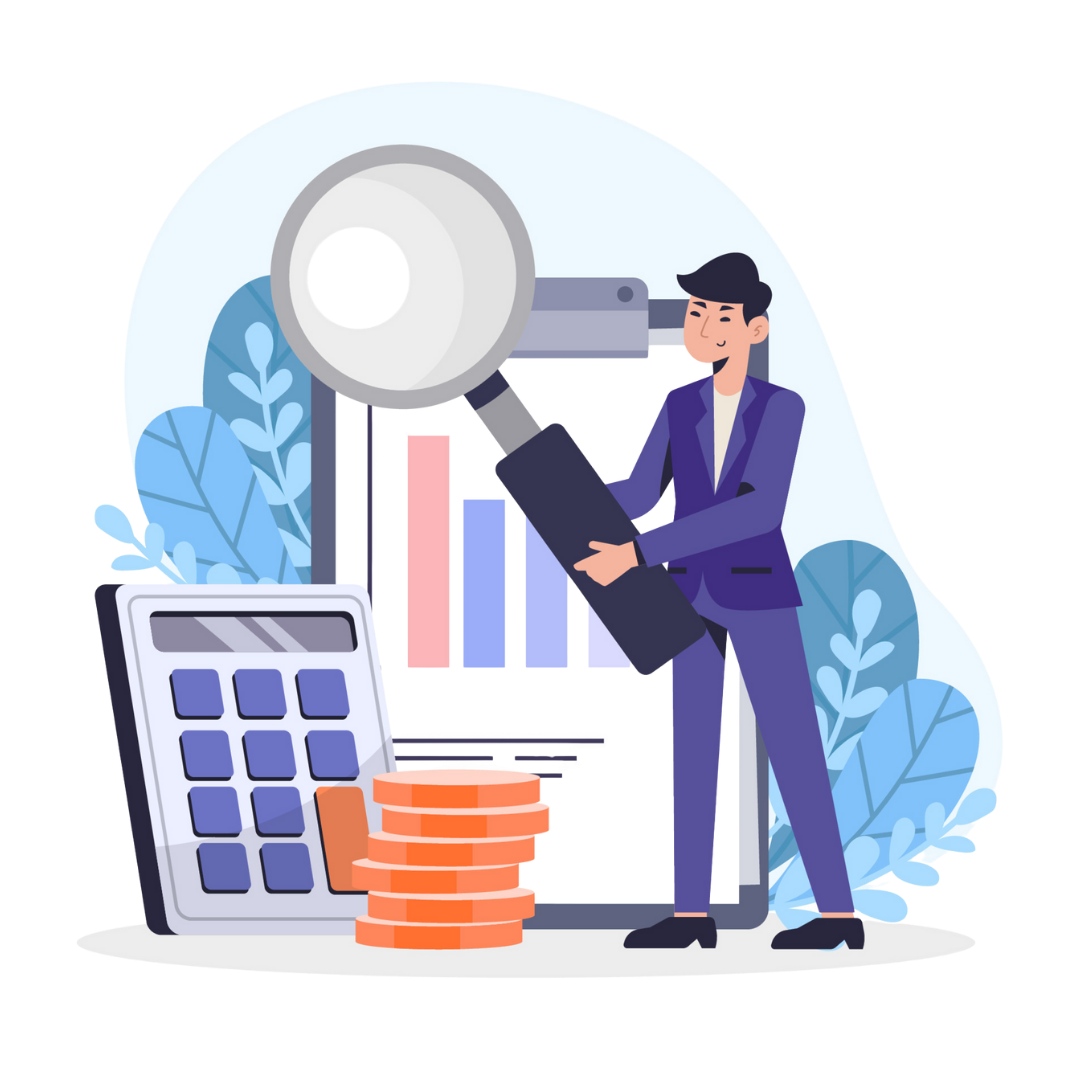 Finance Vector Art - calculator, currency, and corporate man