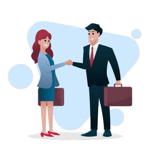 animated business-man and business-woman shaking hands and holding brief cases