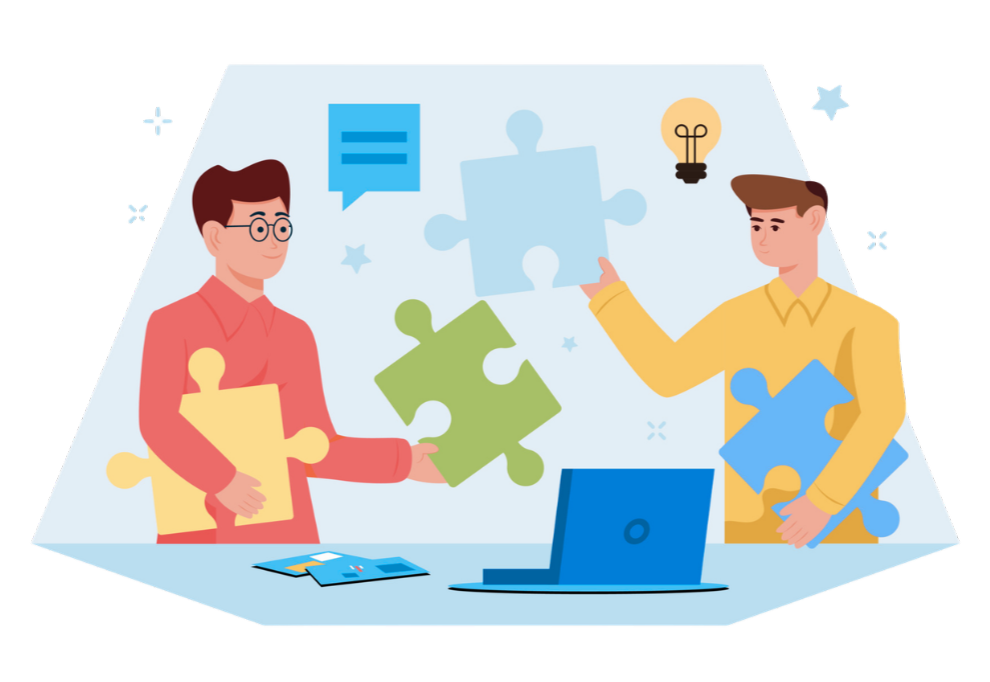 Two people working with puzzle pieces representing technology integrations - vector art
