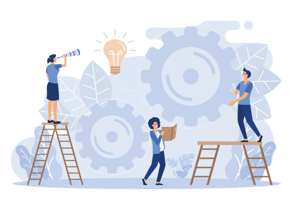 Big ideas vector art - multiple people actively thinking, searching, and working